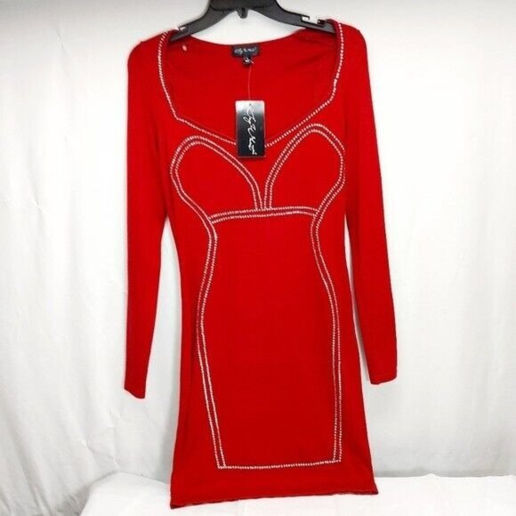 * Say what large red v neck long sleeve studded dress womens - Picture 6 of 9